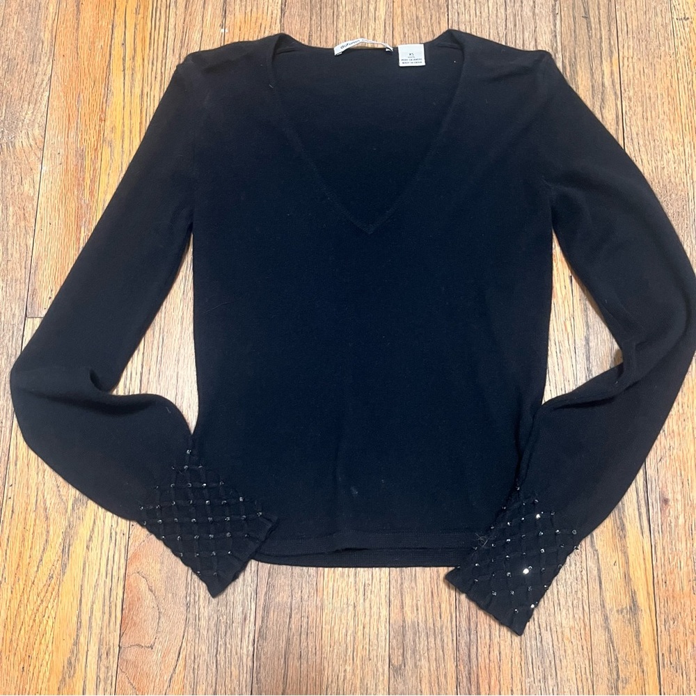 Black V-Neck Cashmere Sweater with Embellished Cuffs size XS
